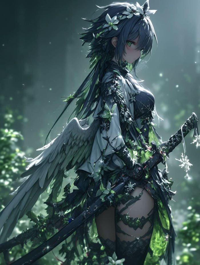 Hình anime nữ cầm kiếm giữa màn đêm tĩnh lặng