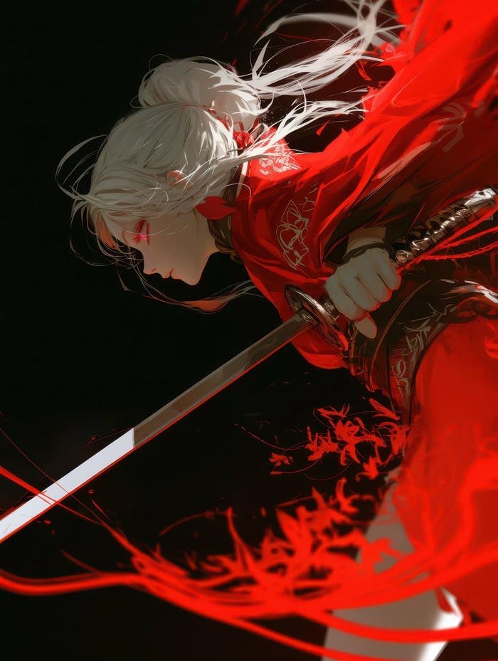 Hình anime nữ cầm kiếm nổi bật giữa ánh sáng