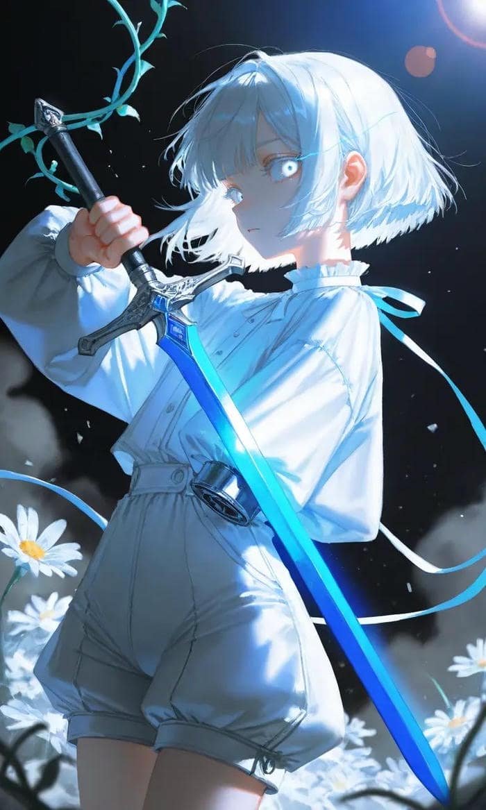 Hình anime nữ cầm kiếm với thanh katana sáng