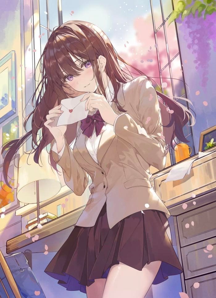 Hình anime nữ học sinh ánh mắt dịu dàng