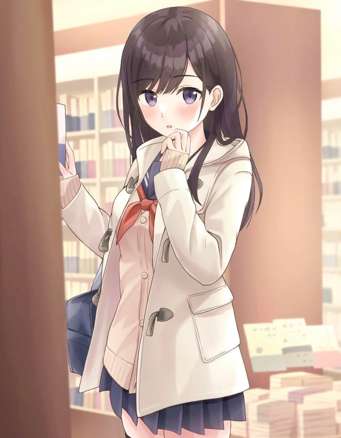 Hình anime nữ học sinh giữa hành lang dài