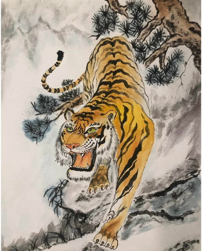 Hình tranh vẽ con hổ giữa núi rừng hoang dã