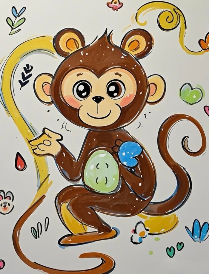 Hình tranh vẽ con khỉ bố trí mảng khối rõ rệt
