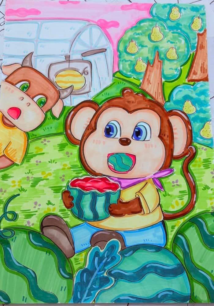 Hình tranh vẽ con khỉ sắc diện rạng rỡ