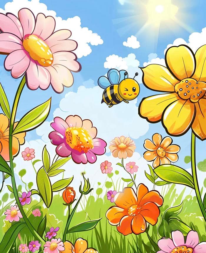 Hình tranh vẽ con ong giữa cánh đồng rộng