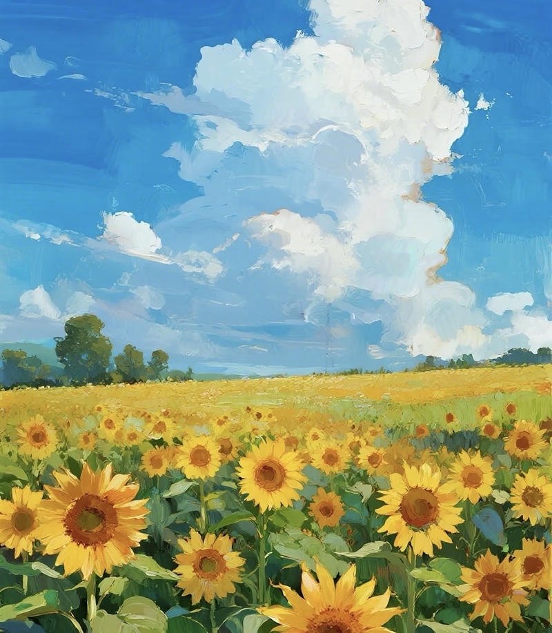 Hình vẽ cánh đồng hoa hướng dương trải dài ấn tượng