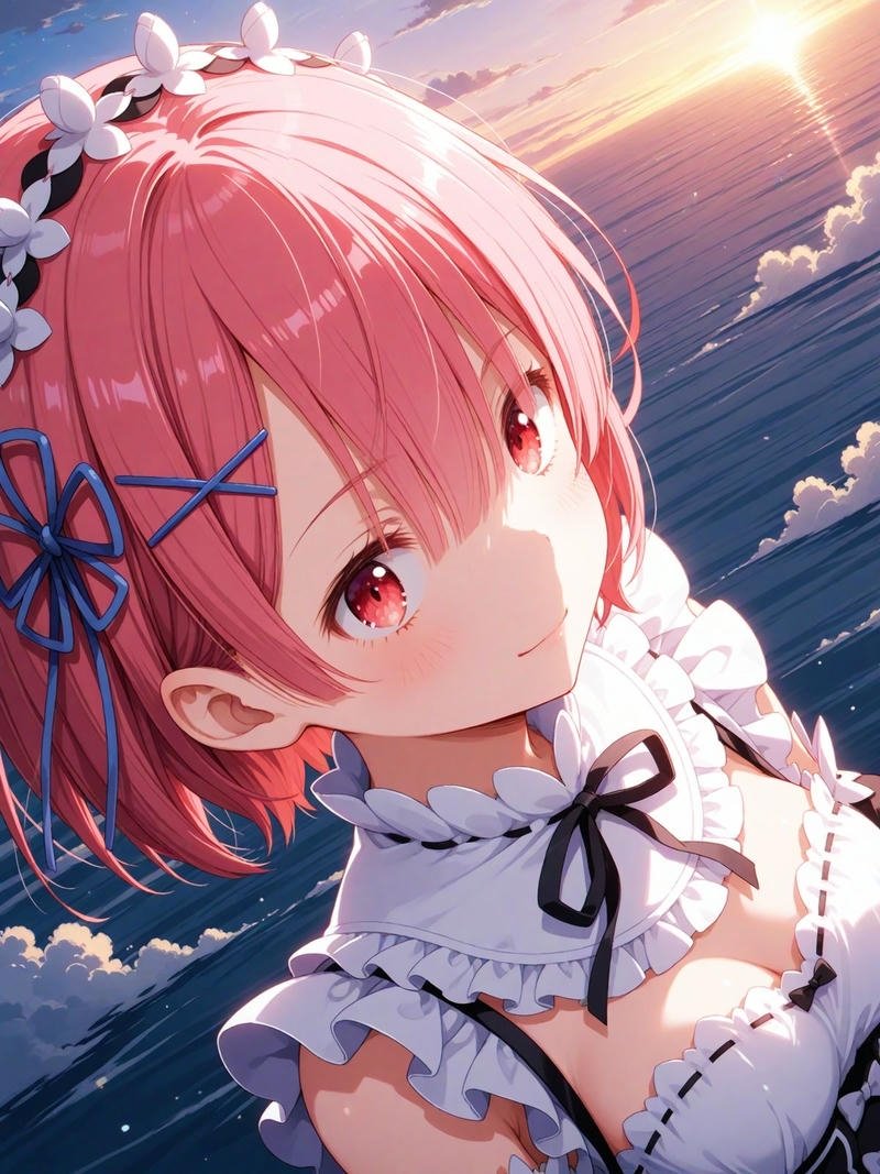 Nhân vật Ram Re Zero với biểu cảm điềm tĩnh