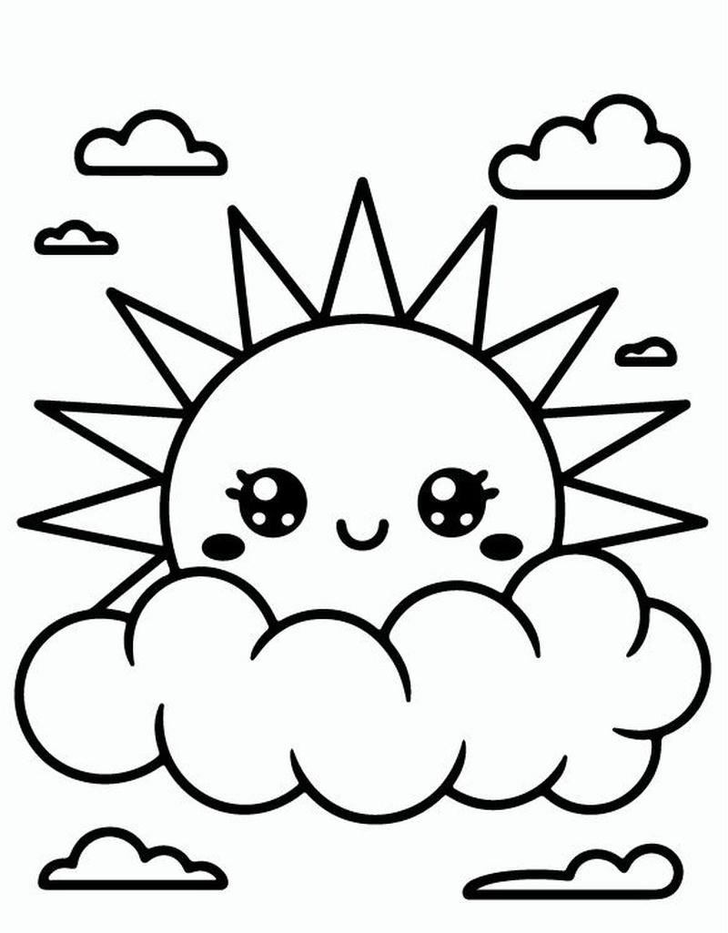 Tranh tô màu ông mặt trời và đám mây nhẹ nhàng