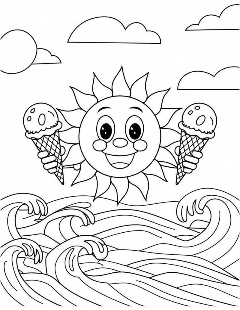 Tranh tô màu ông mặt trời và đám mây sinh động