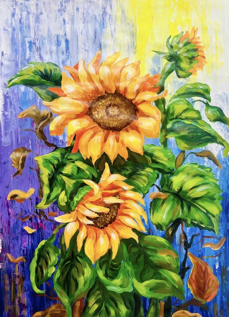 Tranh vẽ tĩnh vật hoa hướng dương với bố cục cân đối