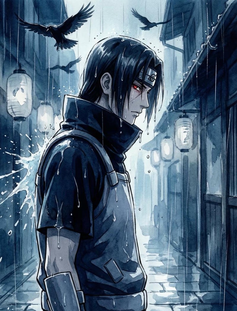 Ảnh Uchiha Itachi trong khung cảnh mưa nhẹ