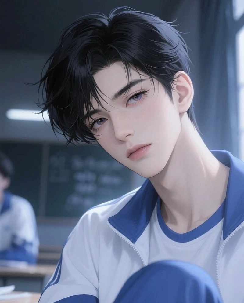 Ảnh anime nam học sinh đang nhìn xa xăm