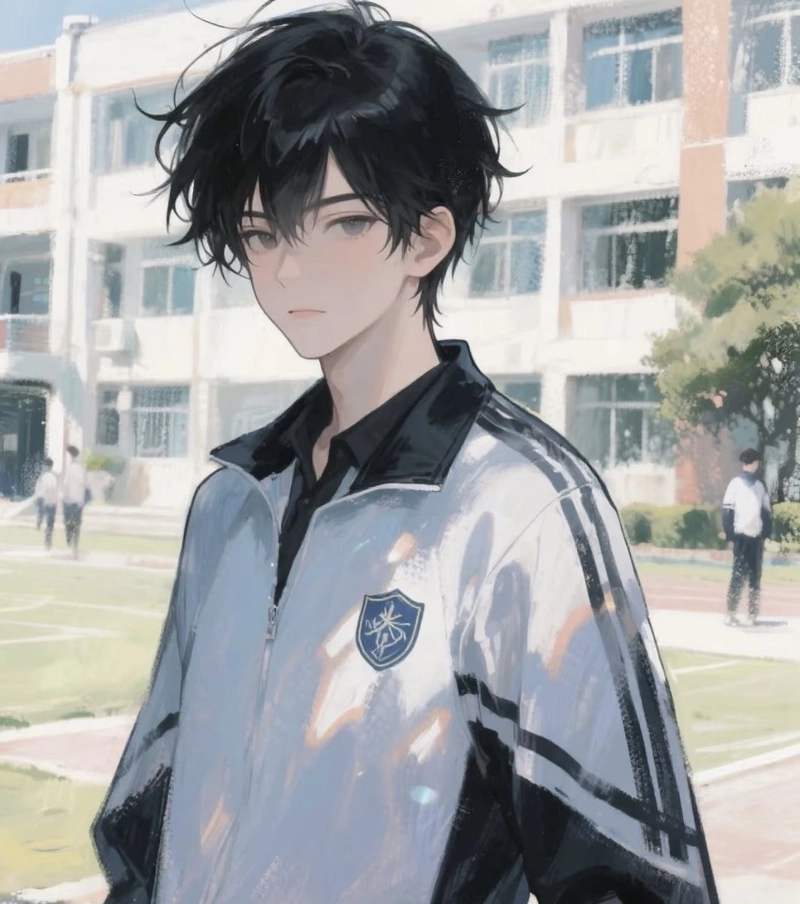 Ảnh anime nam học sinh đứng một mình trong sân trường