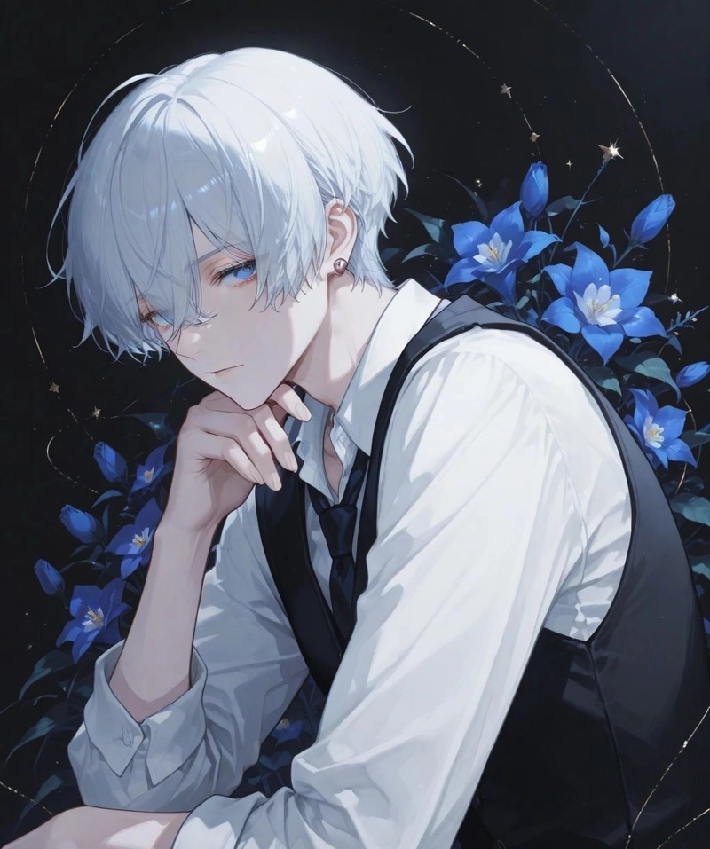 Ảnh anime nam tóc trắng với ánh nhìn xa xăm