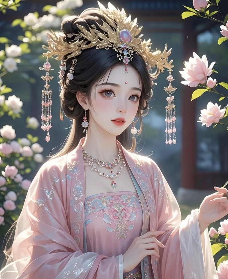 Ảnh anime nữ cổ trang đứng giữa khung cảnh cổ xưa