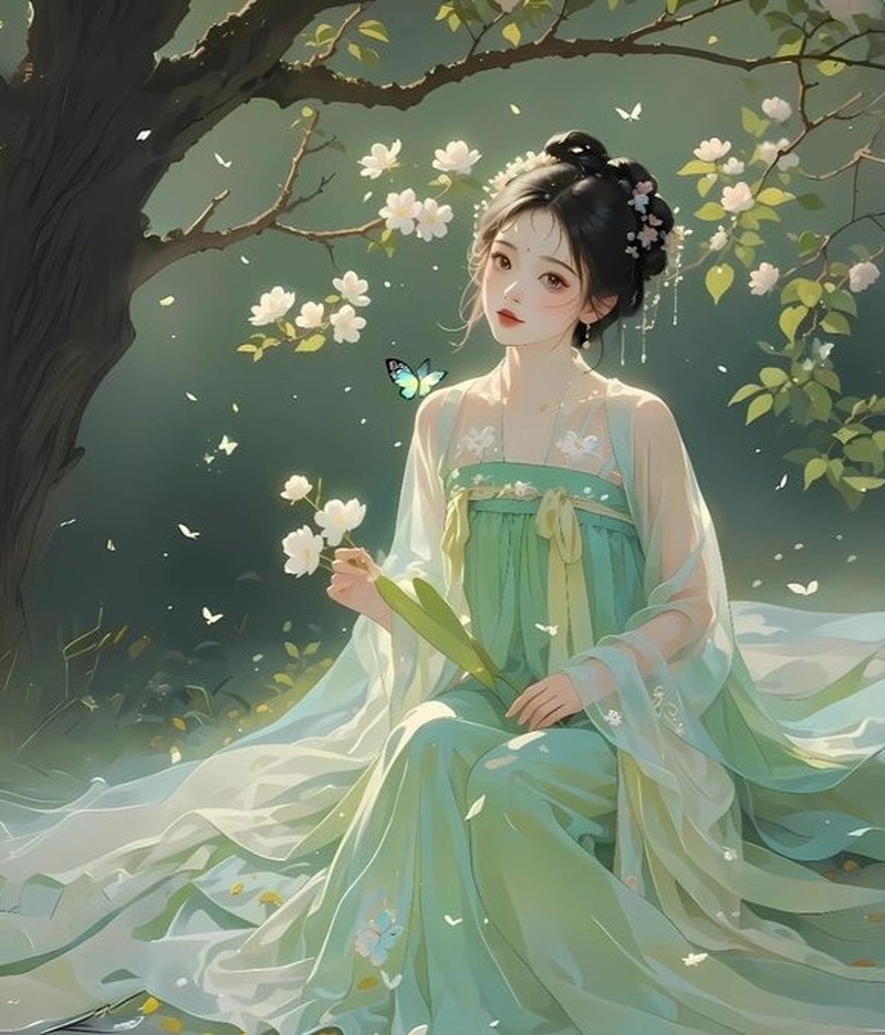 Ảnh anime nữ cổ trang đứng trong không gian cổ kính