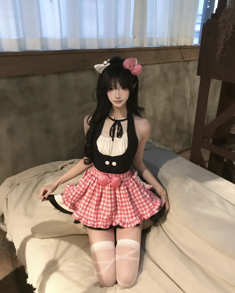 Gái xinh mặc đồ hầu gái tạo dáng trong phòng