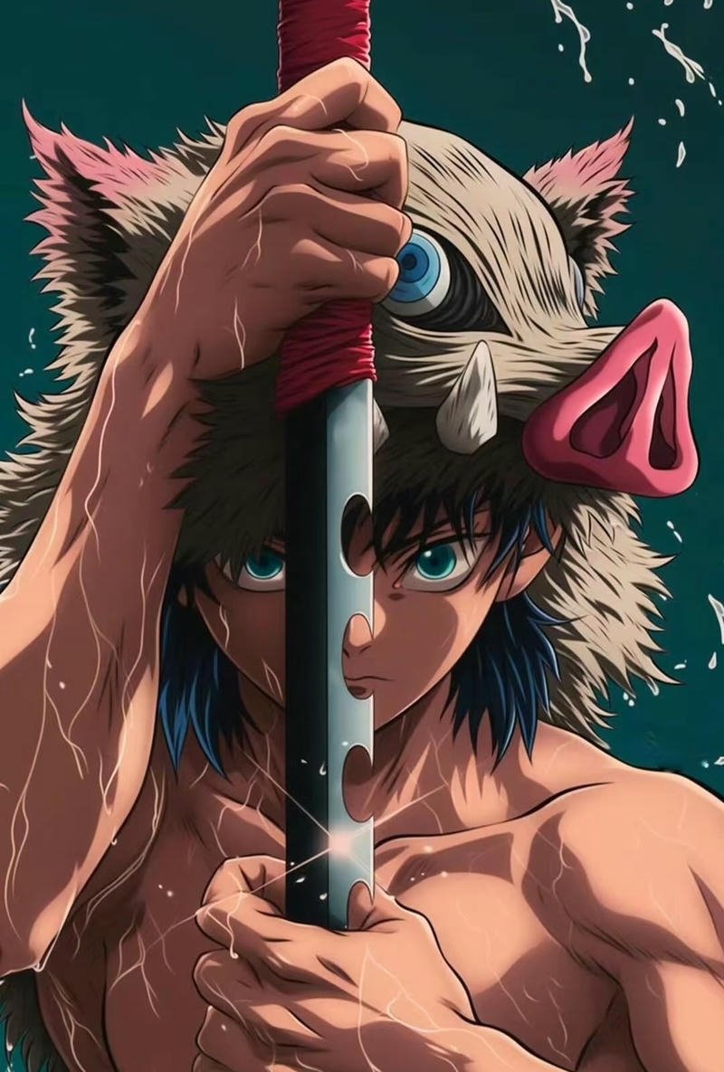 Hình Inosuke trong tư thế chiến đấu đầy mạnh mẽ