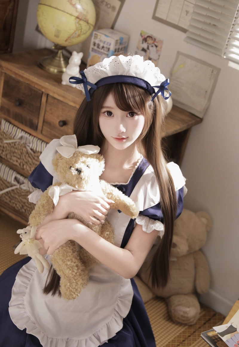 Hình ảnh gái xinh mặc đồ hầu gái ôm gấu bông