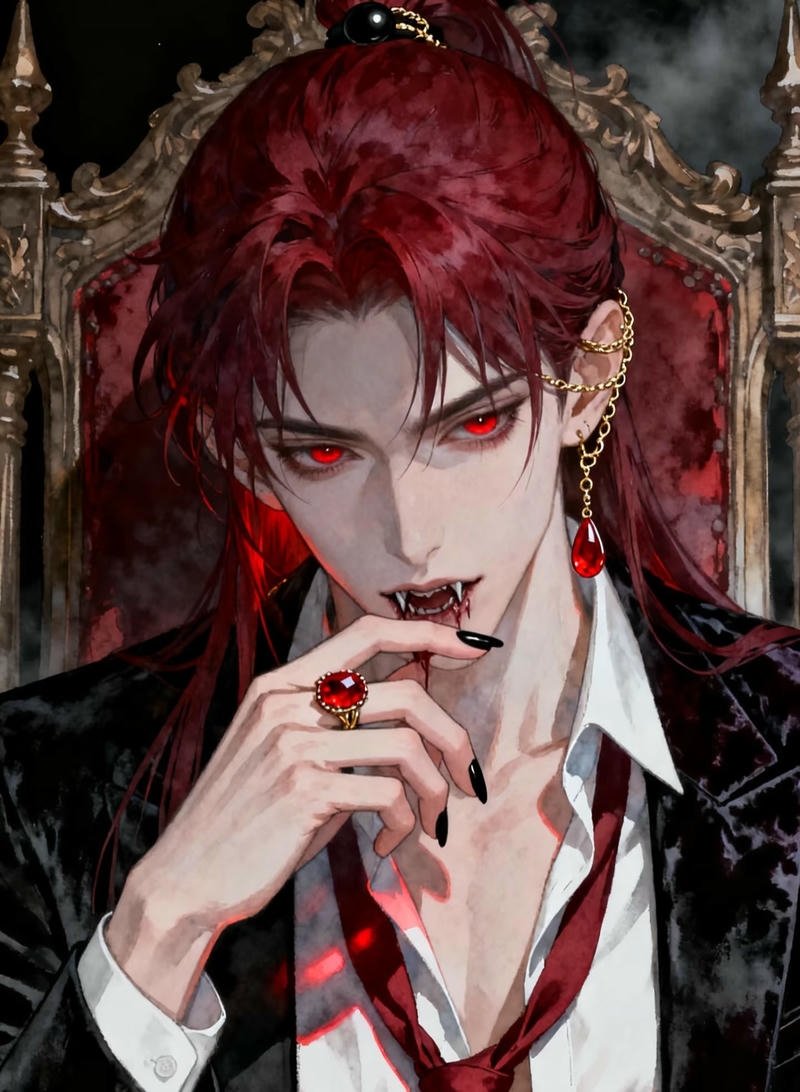 Hình anime ma cà rồng với răng nanh nổi bật