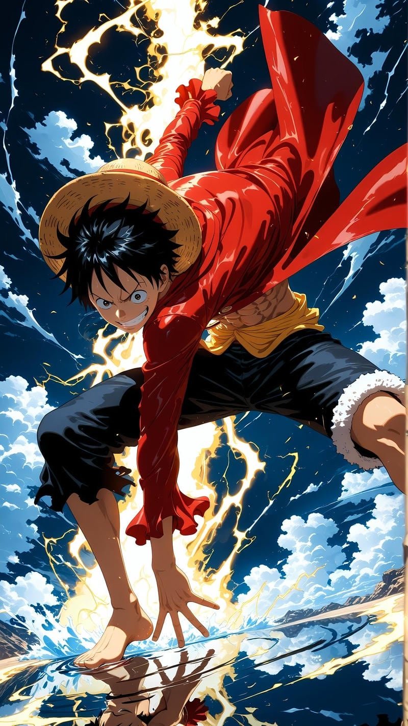 Hình vẽ Luffy nổi bật chiến đấu khoác áo choàng đỏ
