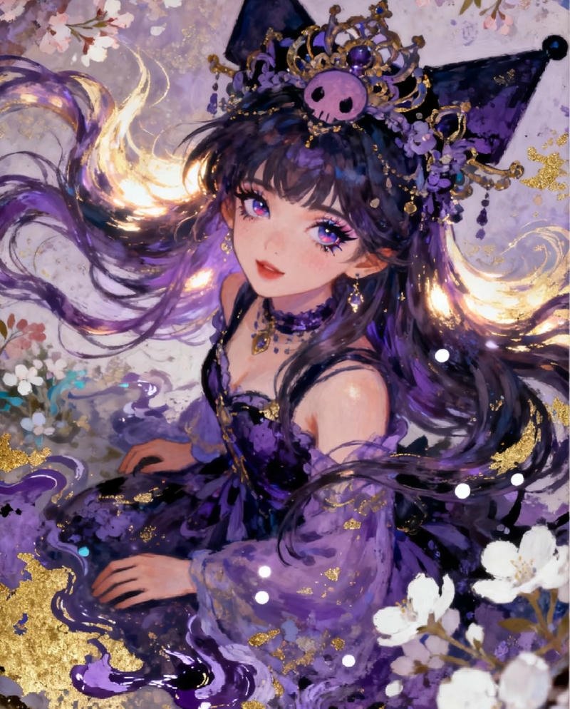 Kuromi anime trong khung cảnh nền pastel đáng yêu