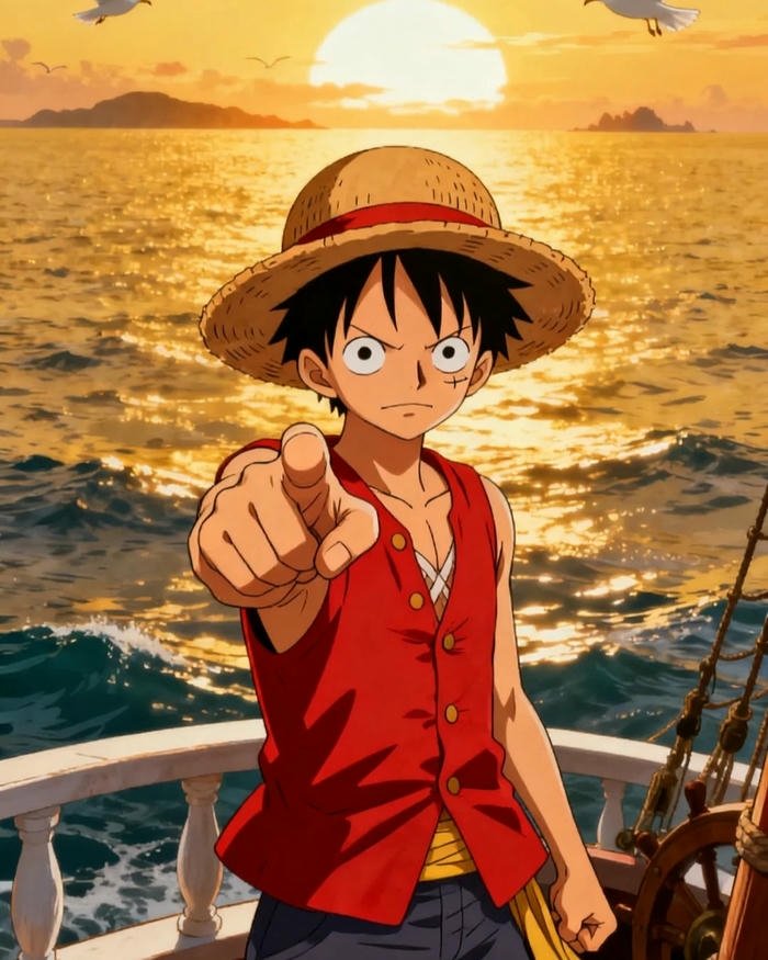 Luffy One Piece đứng trên thuyền nhìn ra biển
