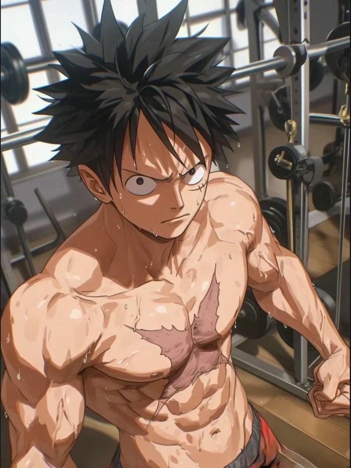 Luffy gear 5 cởi trần cơ bắp cầm mũ