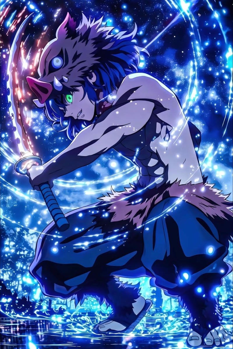 Nhân vật Inosuke trong khung cảnh rừng sâu