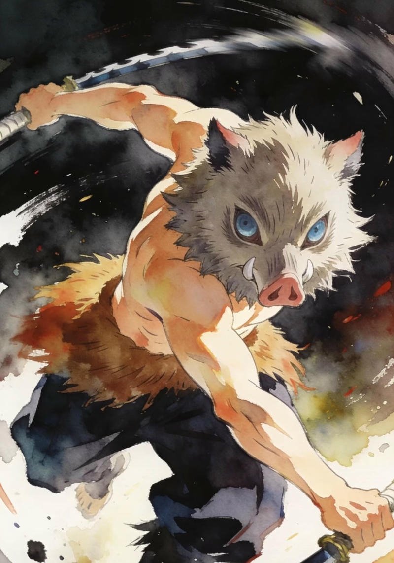 Nhân vật Inosuke trong tư thế tấn công nhanh