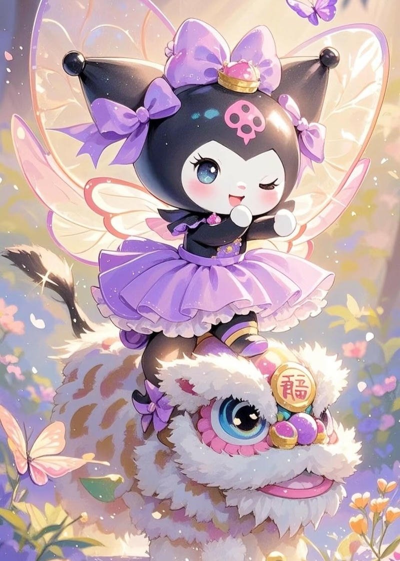 Nhân vật Kuromi trong khung cảnh pastel nhẹ nhàng