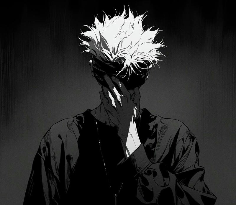 Nhân vật anime nam trắng đen ngồi một mình