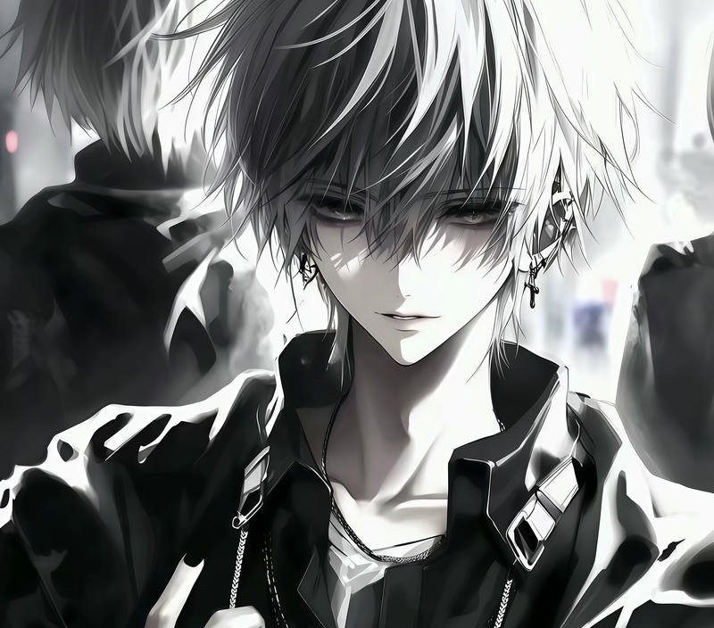 Nhân vật anime nam trắng đen trong không gian vắng