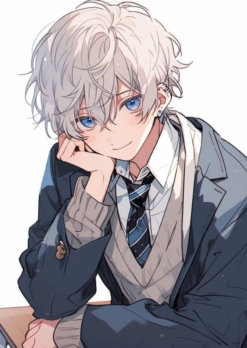 anime nam học sinh ngồi bên bàn học