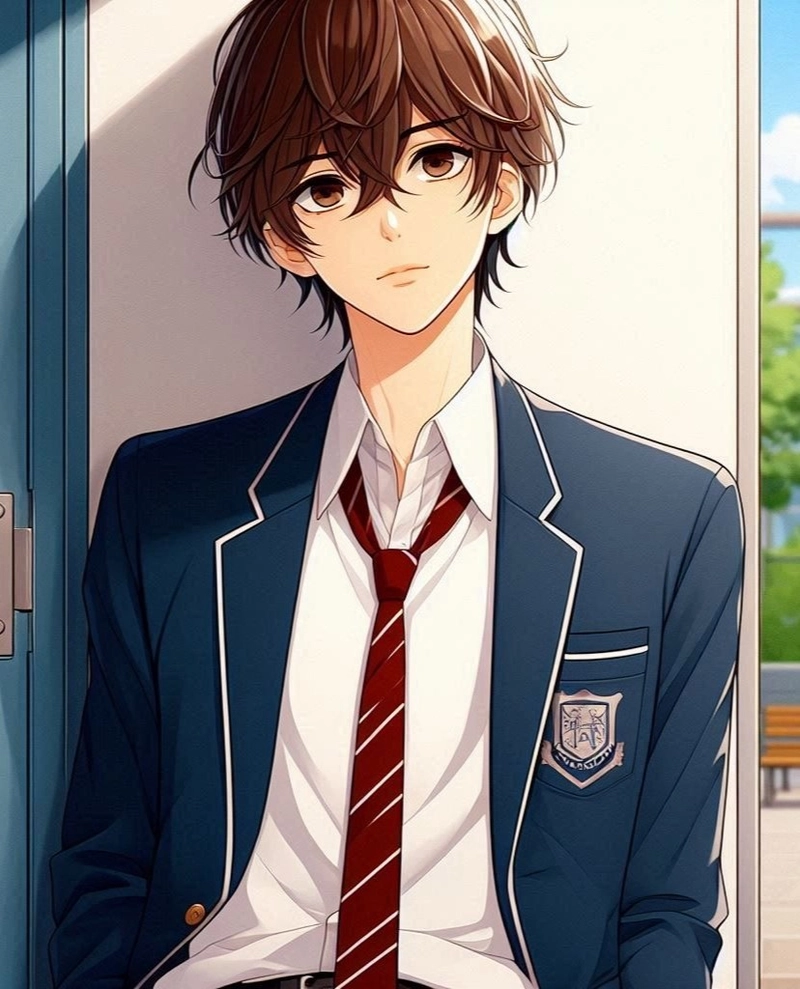 anime nam học sinh với biểu cảm nhẹ nhàng