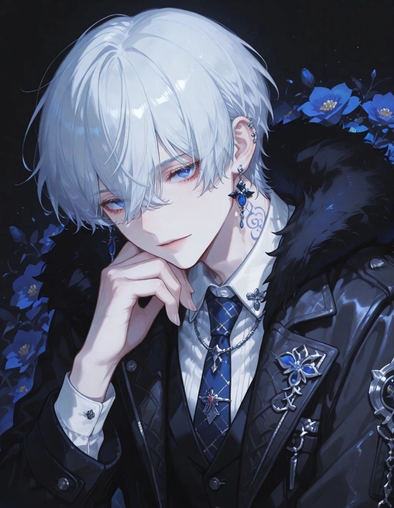 anime nam tóc trắng với biểu cảm trầm tư