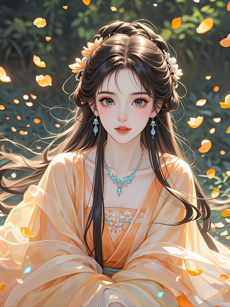 anime nữ cổ trang với mái tóc dài bay nhẹ