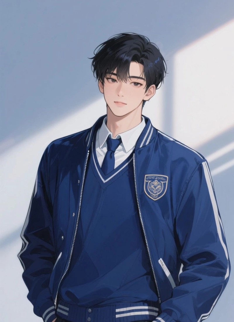 hình anime nam học sinh với ánh nhìn suy tư