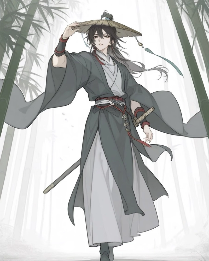 Ảnh anime nam cổ trang cùng thanh đao bên rừng trúc