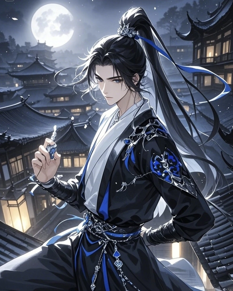 Ảnh anime nam cổ trang cùng thanh kiếm bên trời đêm