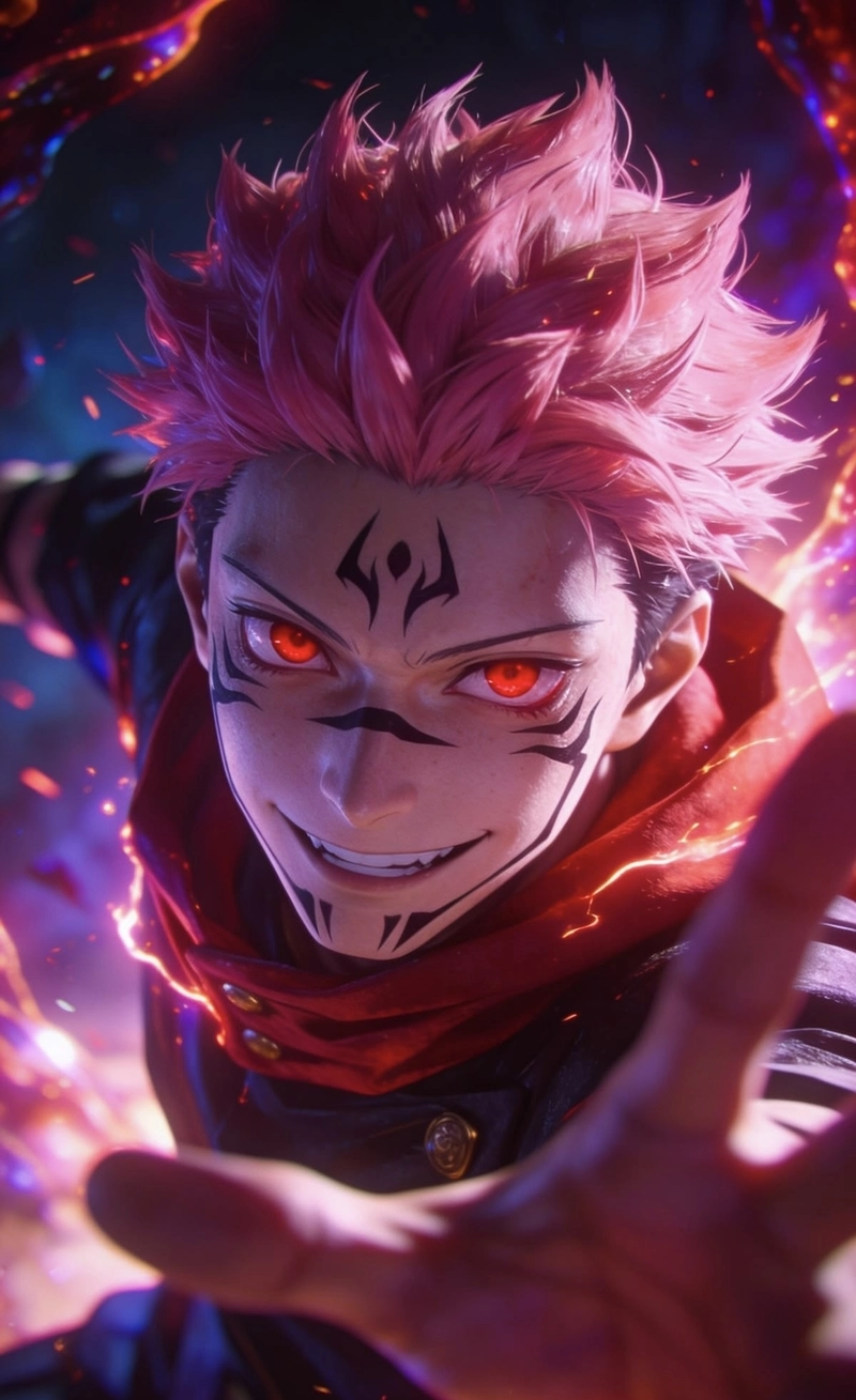 Ảnh anime sukuna với ánh mắt đỏ đầy uy lực