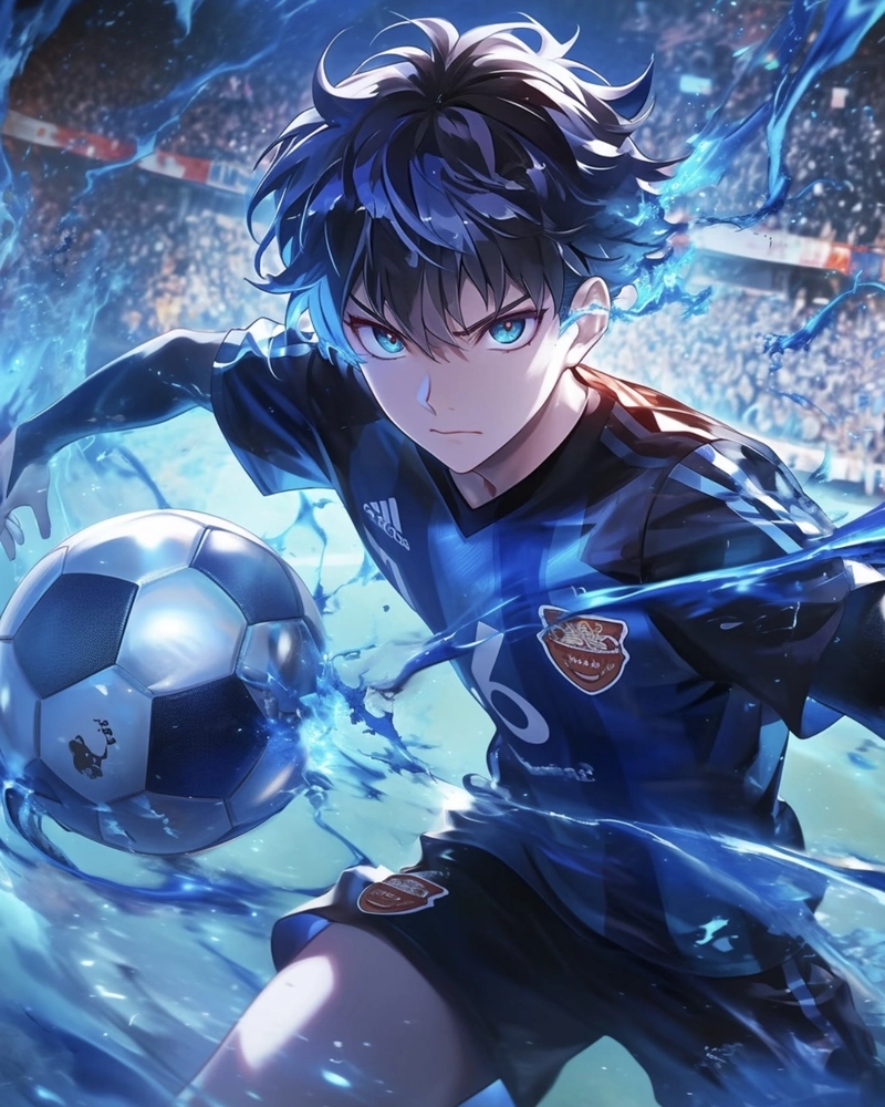 Hình anime bóng đá với ánh mắt quyết tâm trên sân cỏ
