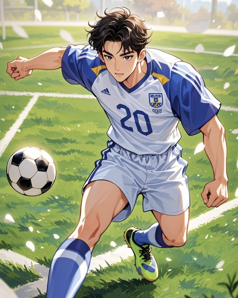 Hình anime bóng đá với sân vận động rực sáng phía sau