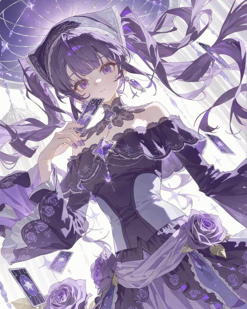 Hình anime màu tím nhân vật mang thần sắc huyền ảo
