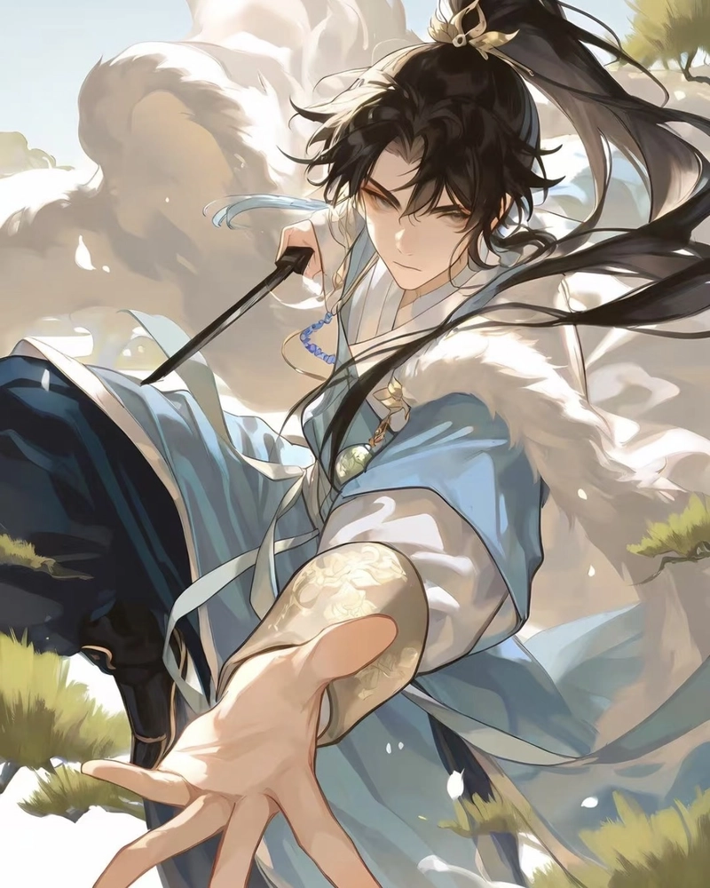 Hình anime nam cổ trang với biểu cảm điềm đạm cuốn mắt
