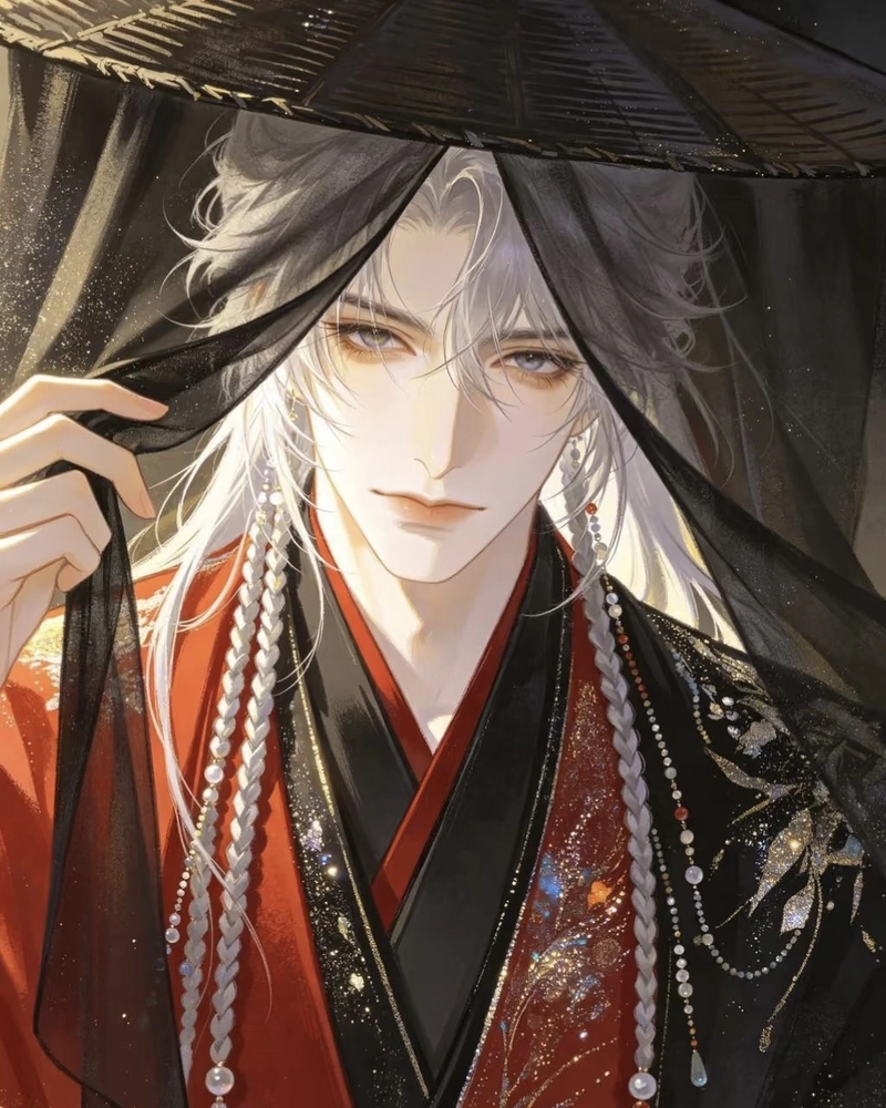 Hình anime nam cổ trang với mái tóc trắng thanh thoát
