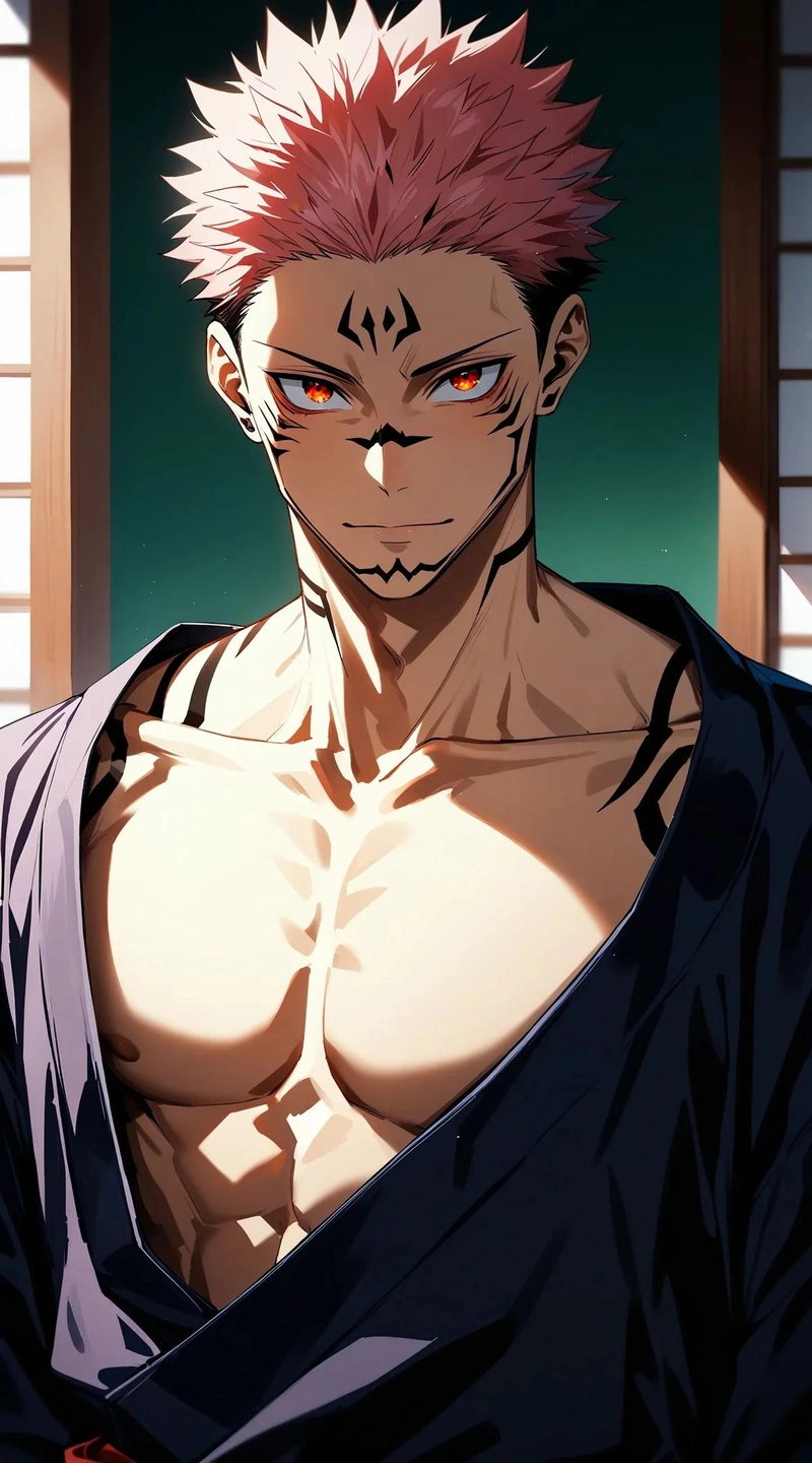 anime sukuna với ánh nhìn sắc bén lạnh lùng