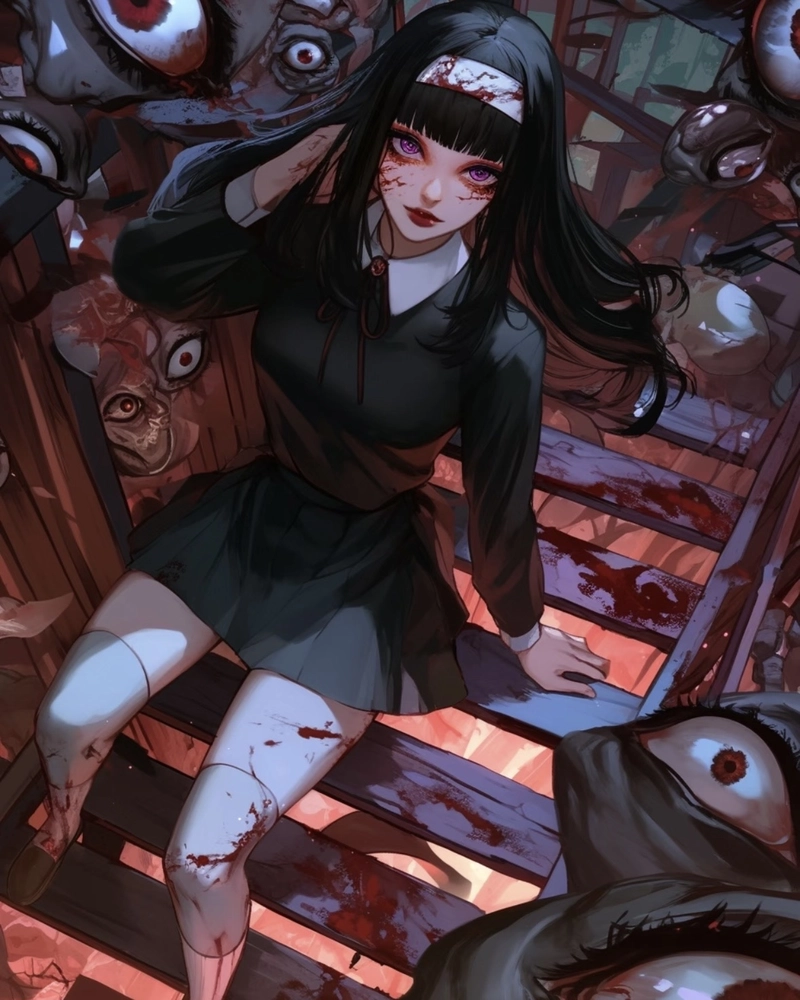 Hình anime kinh dị trong khung cảnh tối đầy bí ẩn