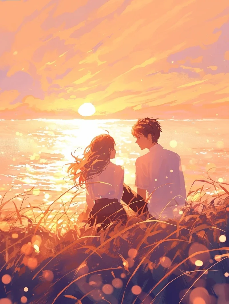 ảnh hoàng hôn anime sắc cam dịu nhẹ