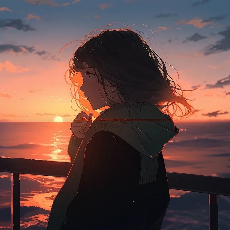 ảnh hoàng hôn anime với mây hồng